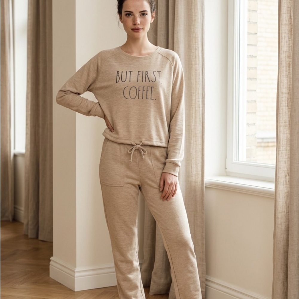 Rae Dunn Women’s Small NWOT Cream 'But First Coffee' Lounge Set Comfy Super Soft